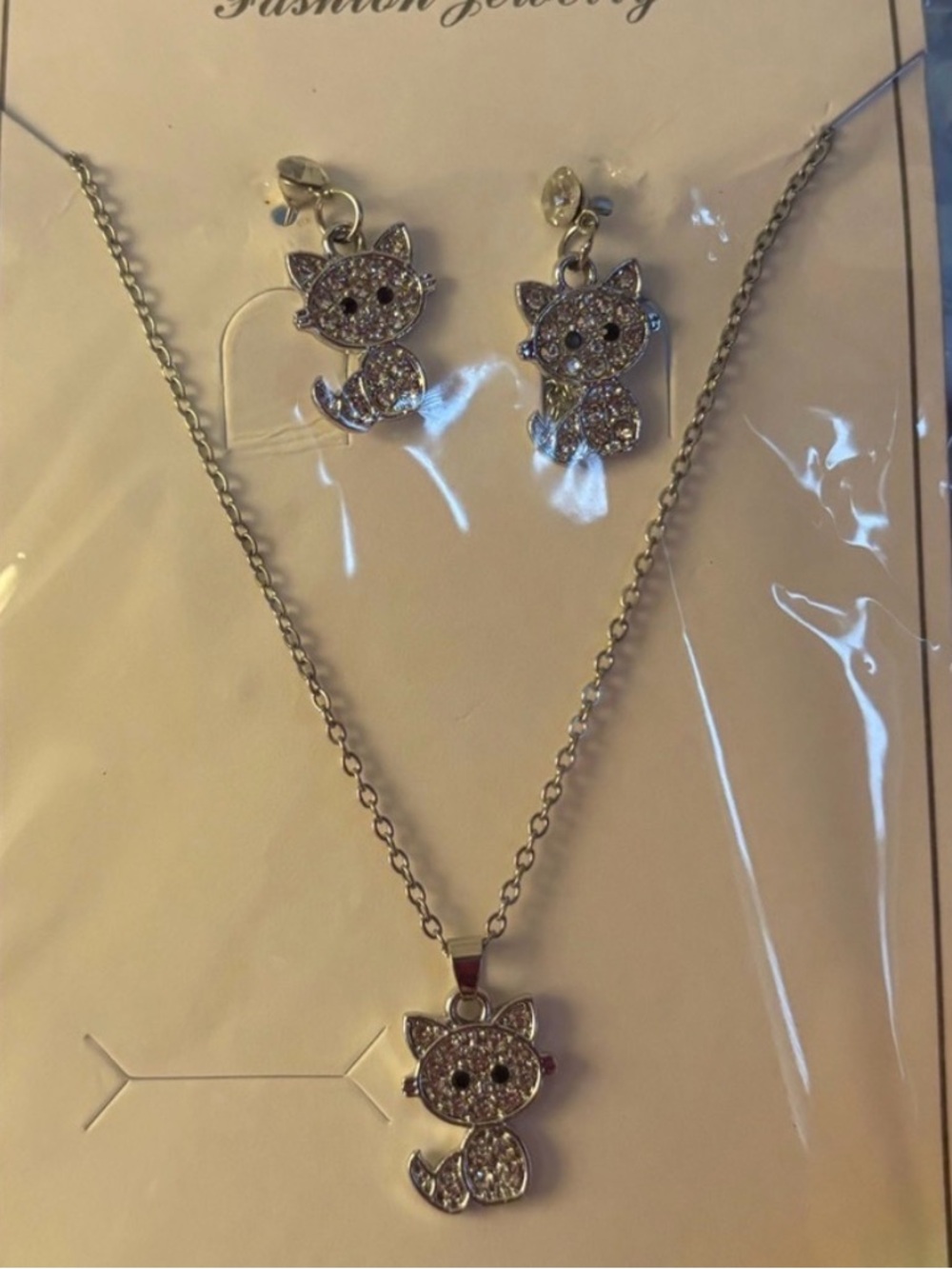 Silver Kitty Crystal Necklace & Earring Set - Silver Jewelry